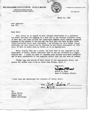 Elizabethtown College Reprimand 1981