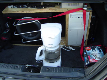 Kalon's Computer in trunk of his car and coffee pot?