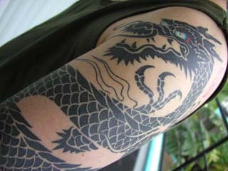 Blackwork dragon sleeve, completed Oct. 2002