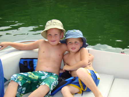 Noah and CJ on our Boat