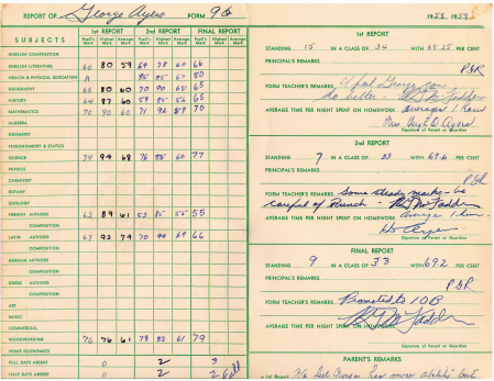 Grade 9 Report Card 1959