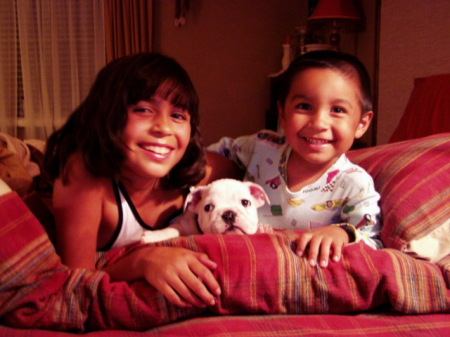 My two youngest and their bulldog; 2004