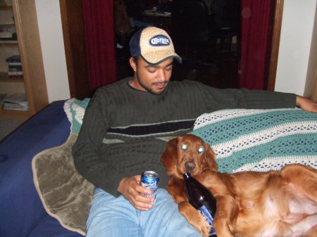 me and my dog havin a beer