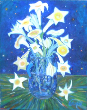 Trumpet Flowers in glass Vase by the Artist Grego