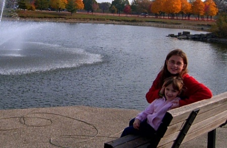 girls at fountain at park behind our townhouse