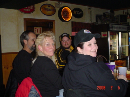 Steelers superbowl party me on the left, blonde hair