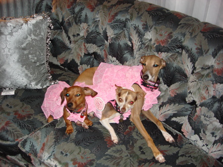 Lounging on the couch in our new dresses