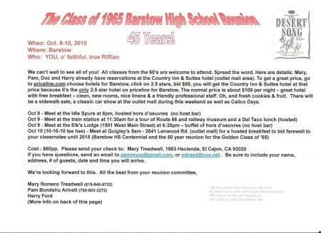 BHS 1965 45th Reunion Invitation Page 1 of 2