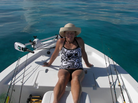 Jackie enjoying the boat and the sunshine.