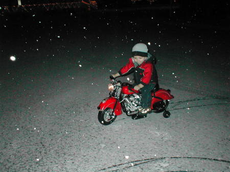 Trevor riding motorcycle in the snow