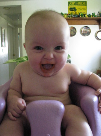 Jerren's first taste of sweet potatoes!  Yummm