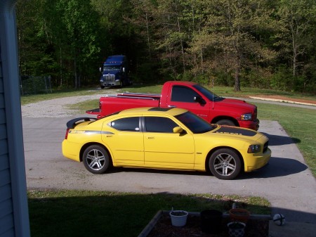 My Charger, and Hubby's Trucks