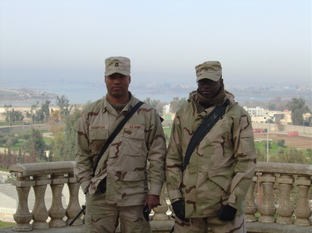 Me and SFC Thompson on the balcony of Sadaam's palace in Mosul