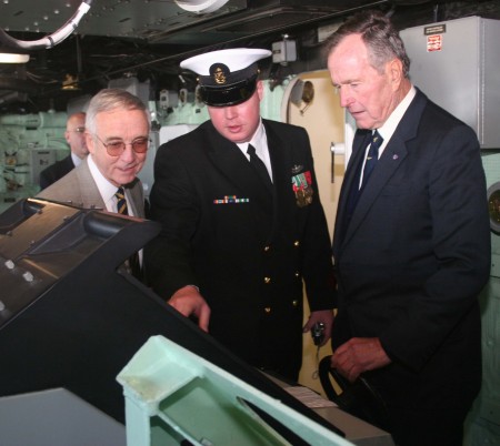 Former President Bush, Deputy Secretary of Defense Gordon England and I at the USS SAN ANTONIO's commissioning ceremony.