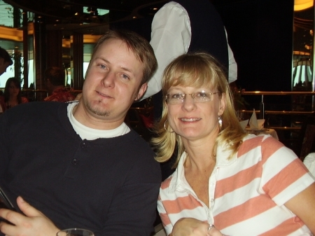 My son Jeremy and me at dinner first night of cruise in April