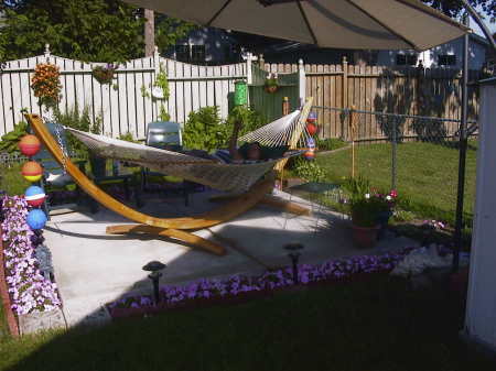 Wife Diane in a "Roman" hammock I built