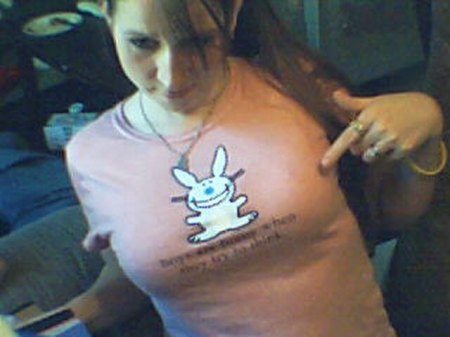 Me pointing to the funny bunny shirt