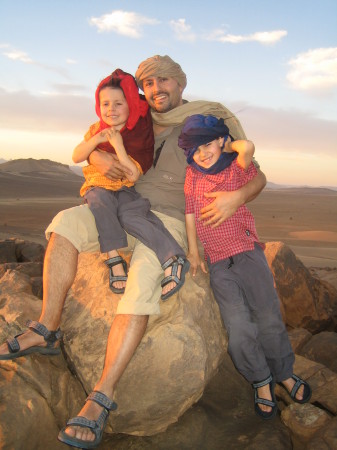 Adrian, Dan and Josh near our tent in the wind-blown Sahara Desert-Morocco- Apr. 2005