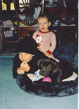 My grandsons with the baby, Sienna (the dog)