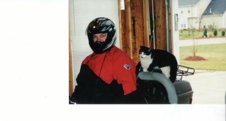 "Hey!. Where Is my helmet Lee? You know the law. (Lee's riding buddy, Chase, His cat.