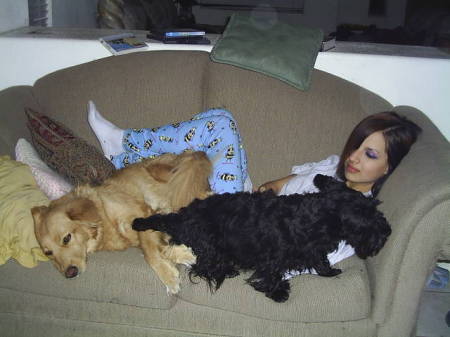 Savy with two of our dogs, Sheeba and Morag