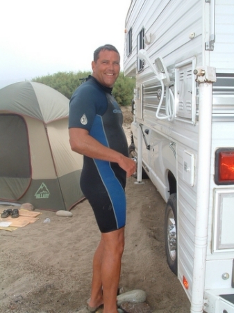 Showering at the rig after Mex surf session