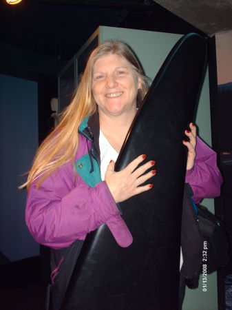 Debra holding the Whale fin