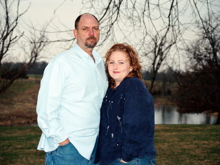 my husband David and I at our house