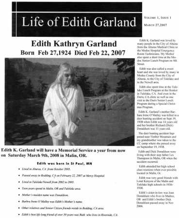 Edith Kathryn Garland  Born  Feb 27,1924  Died Feb 22, 2007