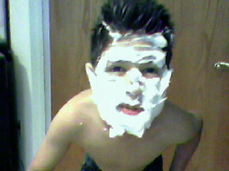 Diego - looking suave in a shaving cream mask