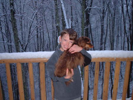 Patrick and Muffin,  at the Cabin for Christmas