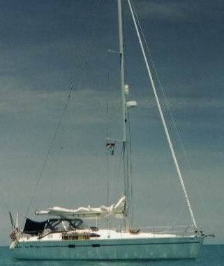 "Wendigo" at Tarawa.  The boat is a Hunter 43.