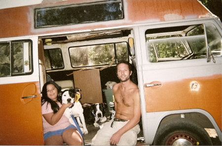 Steve and our daughter Olivia camping with the dogs