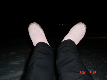 My feet tubing in Wyoming, at night.