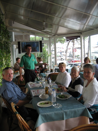 The Crew eating at Monte Carlo sidewalk cafe