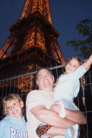 Dad with girls at Eiffel Tower (?summer 2005)