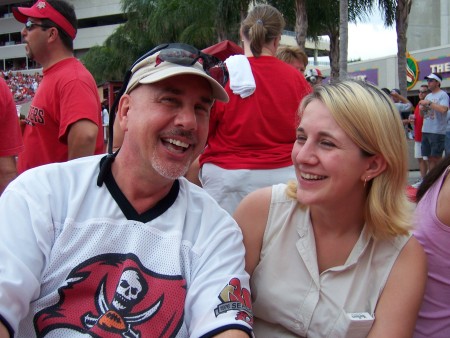 with my daughter at a Tampa Bay Bucs game