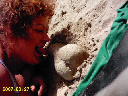 angie licking the rock we found on a distant beach...and yes i have it in my rock garden...lol it was to cool to leave there
