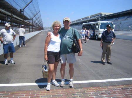 At the start/finsh line of the Indianapolis Motor Speedway