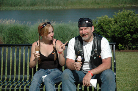 Enjoying some ice cream on a hot summer day.