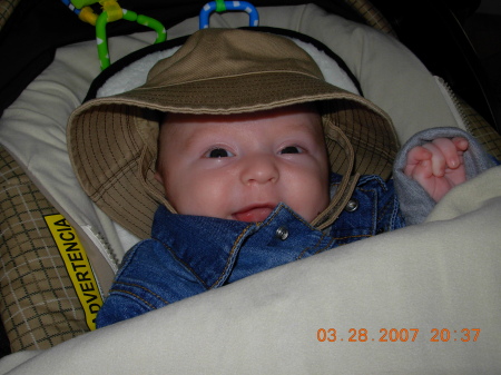 Michael all ready to go out on a nice walk with Mommy and Daddy!