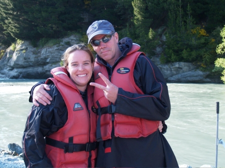 Getting ready to head down a Class 5 river in New Zealand with Rob