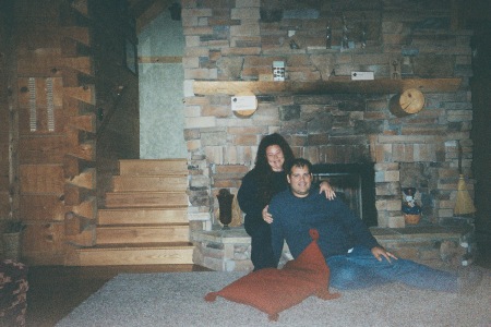 my husband and I at the cabin in Indiana
