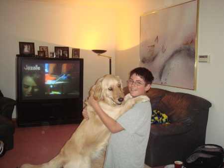 My son Tyler being silly with Harley our dog