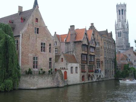River and Famous Tower in Brugge, Belgium