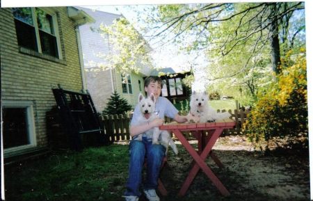 My son Scott with our dog Rosie and Rosie's brother Kid