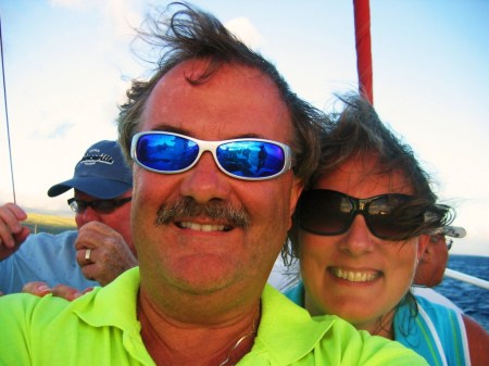 Kathy and I on a catamaran off the Kauai coast