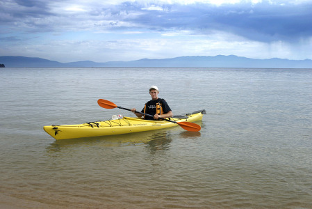 Harrison in his kayak at Tahoe