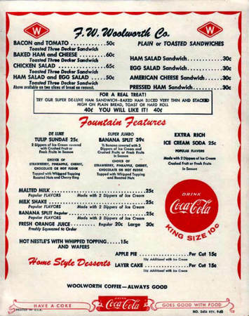 Woolworth Fountain Menu