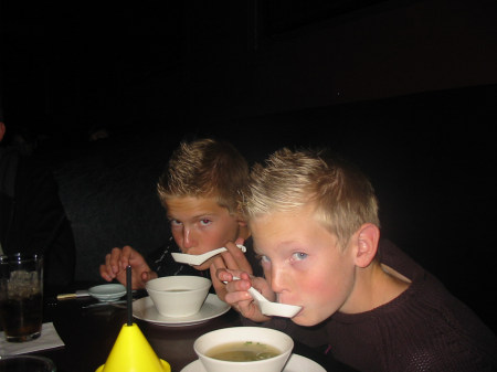 Nephews Harrison and Chandler eating miso soup